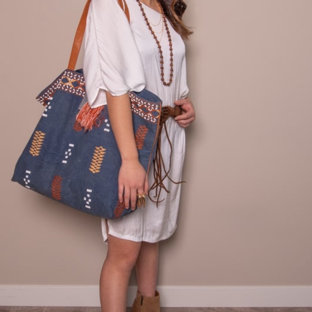 Denim Embroidered Beach Bag